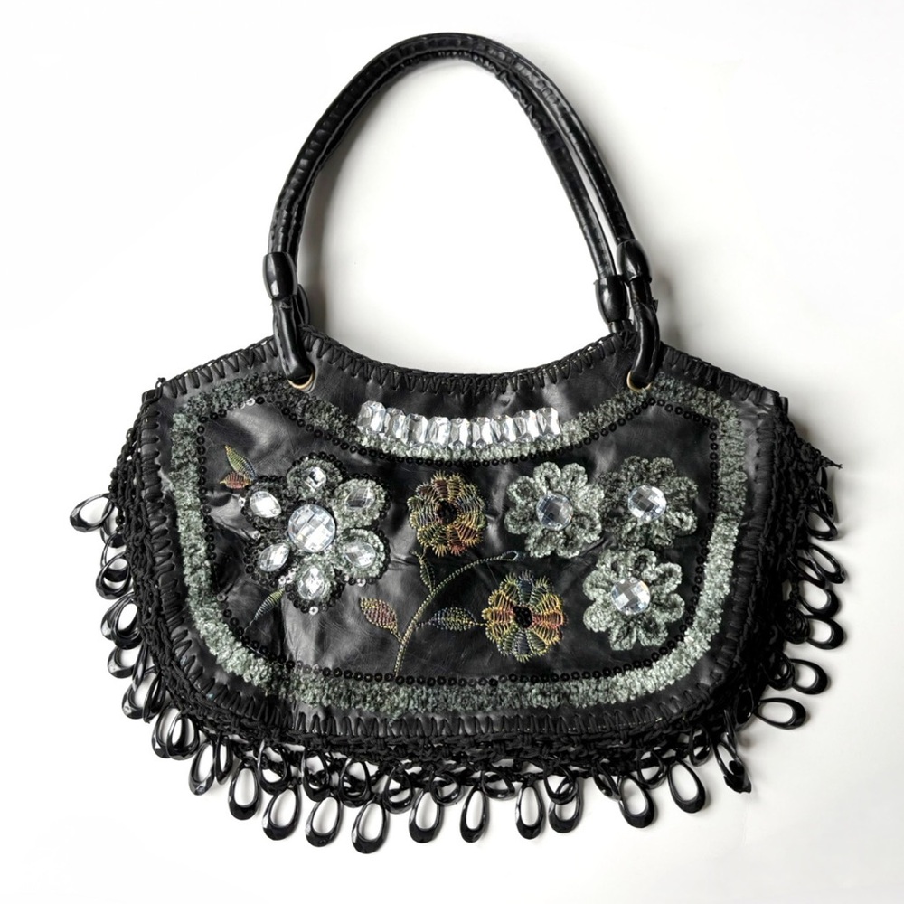 Y2K Vintage Embroidered Beaded Sequin Embellished Black Vegan Leather Boho Bag